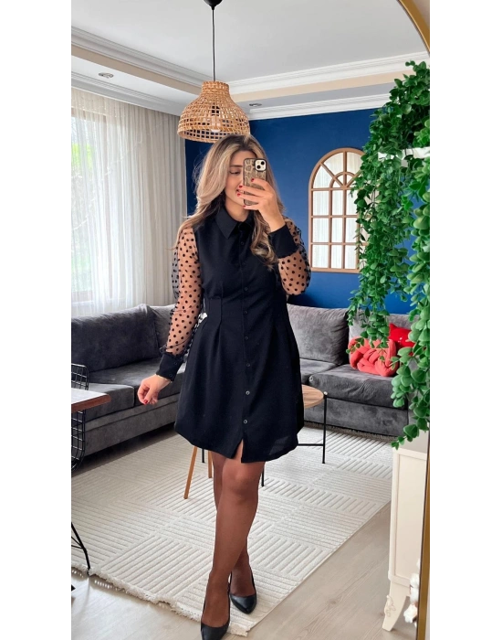 Kadın Uzun Kollu Yakalı Düğmeli Mini Ithal Krep Elbise