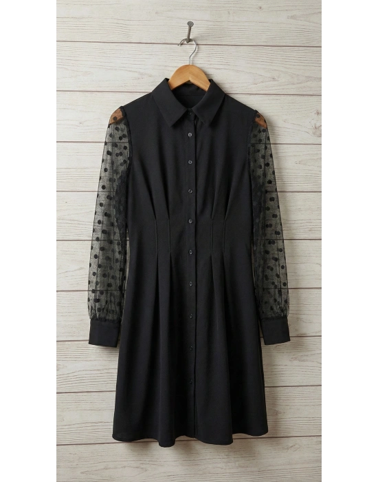 Kadın Uzun Kollu Yakalı Düğmeli Mini Ithal Krep Elbise