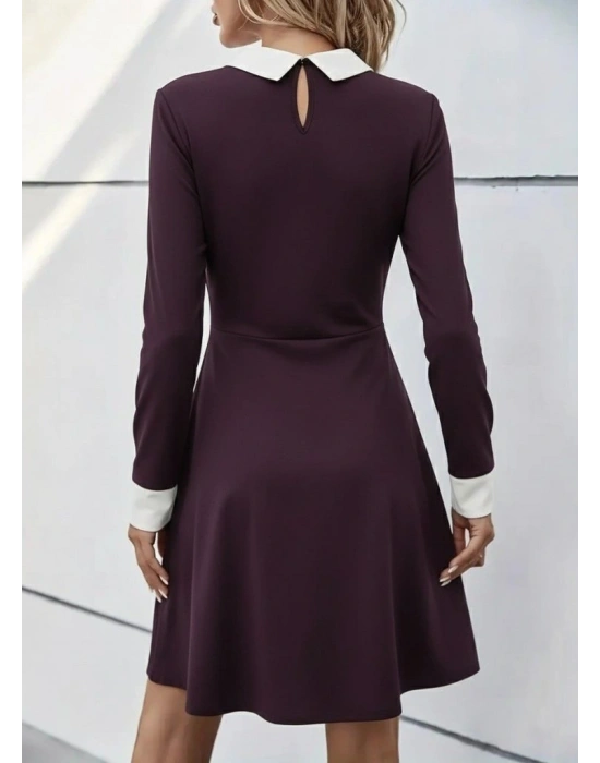 Kadın Uzun Kollu Yakalı Düğmeli Mürdüm Modal Mini Elbise