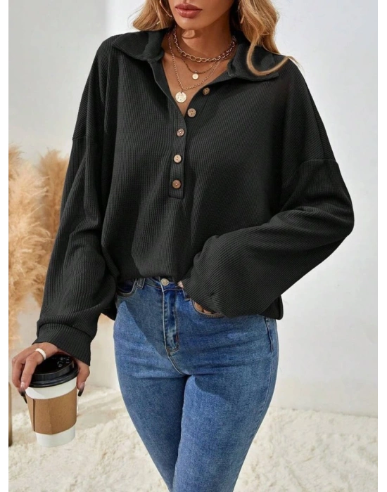 Kadın Uzun Kollu Yakalı Düğmeli Salaş Waffle Bluz