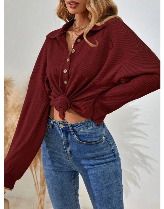 Kadın Uzun Kollu Yakalı Düğmeli Salaş Waffle Bluz
