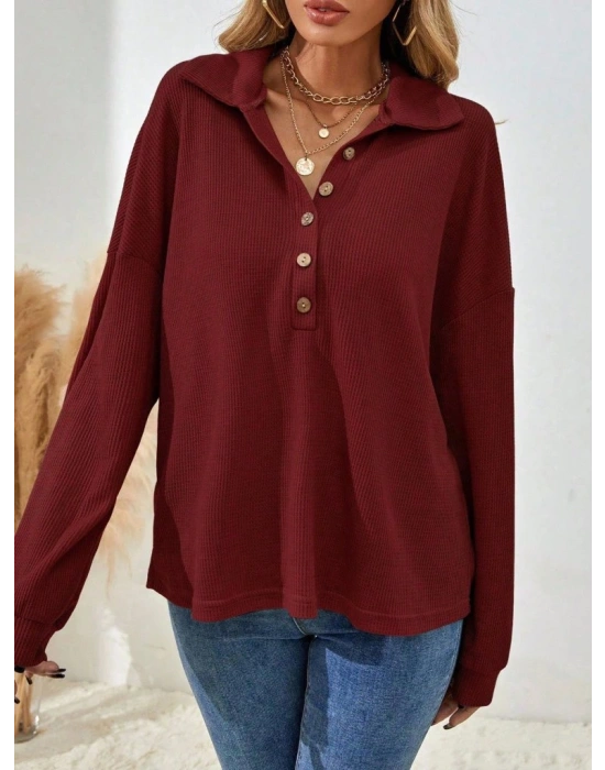 Kadın Uzun Kollu Yakalı Düğmeli Salaş Waffle Bluz