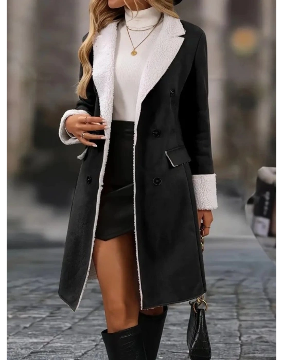 Kadın Uzun Kollu Yakalı Düğmeli Süet Mini Manto