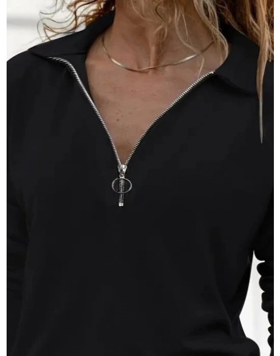 Kadın Uzun Kollu Yakalı Fermuarlı Iki Iplik Bluz