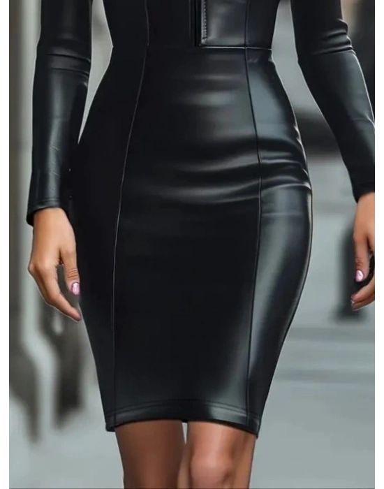 Kadın Uzun Kollu Yakalı Fermuarlı Mini Deri Elbise