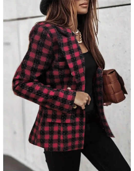 Kadın Uzun Kollu Yakalı Kare Desenli Ekoseli Düğmeli Ceket