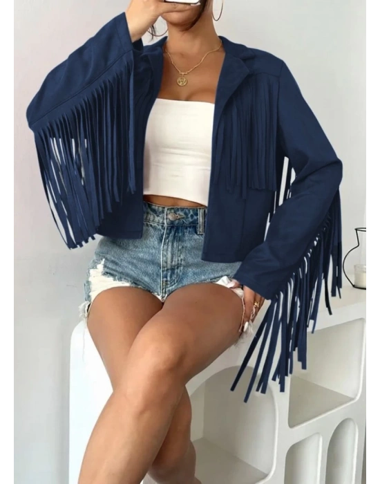 Kadın Uzun Kollu Yakalı Kısa Püsküllü Süet Ceket