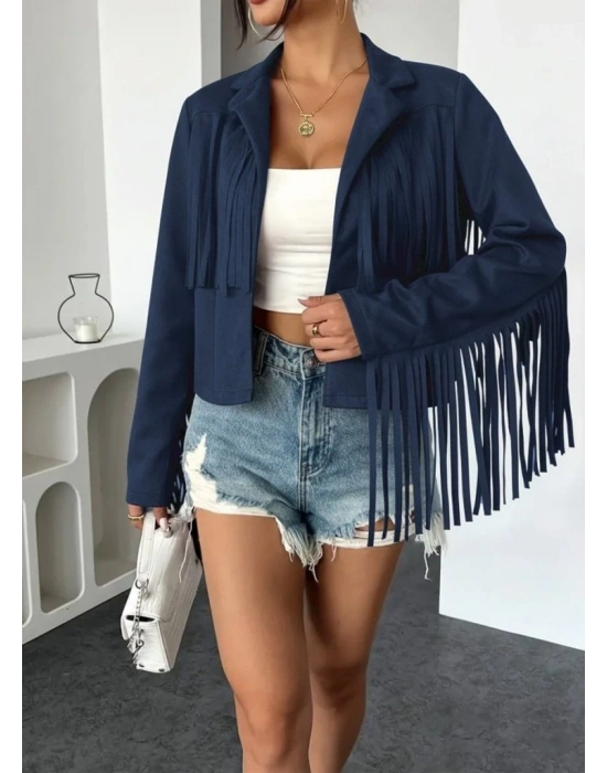 Kadın Uzun Kollu Yakalı Kısa Püsküllü Süet Ceket