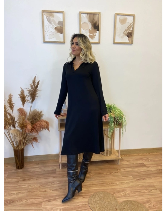 Kadın Uzun Kollu Yakalı Midi Viskon Iki Iplik Elbise