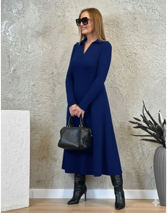 Kadın Uzun Kollu Yakalı Midi Viskon Iki Iplik Elbise