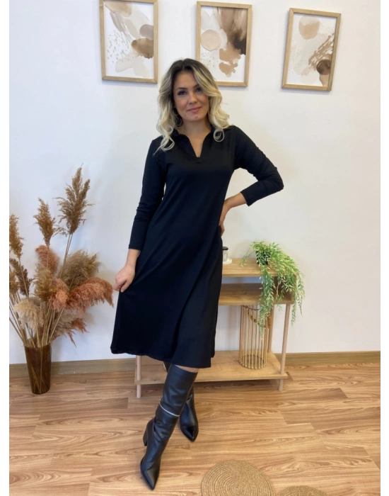Kadın Uzun Kollu Yakalı Midi Viskon Iki Iplik Elbise