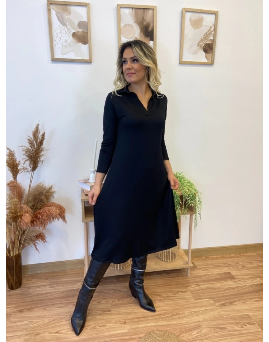 Kadın Uzun Kollu Yakalı Midi Viskon Iki Iplik Elbise