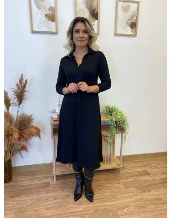 Kadın Uzun Kollu Yakalı Midi Viskon Iki Iplik Elbise