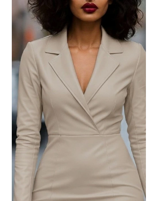 Kadın Uzun Kollu Yakalı Mini Deri Elbise