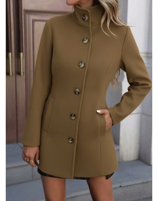 Kadın Uzun Kollu Yakalı önden Düğmeli Astarsız Ithal Kaşe Kahve Kaban