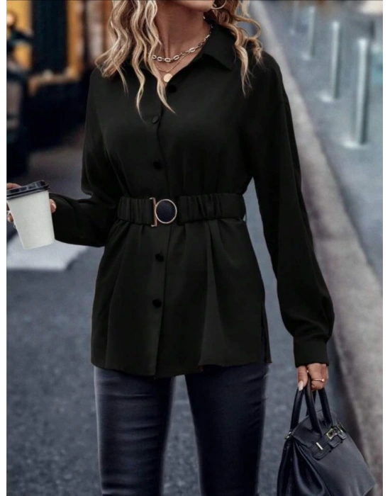 Kadın Uzun Kollu Yakalı önden Düğmeli Belden Kemerli Ithal Krep Bluz