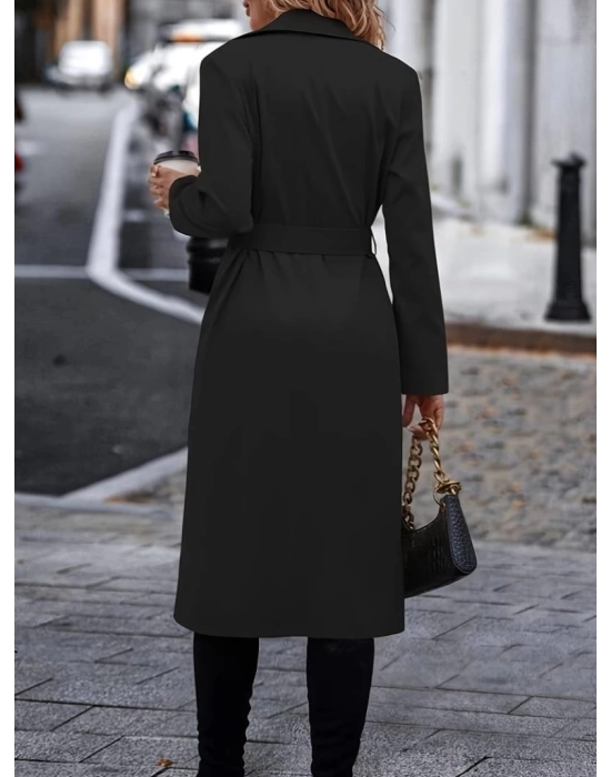 Kadın Uzun Kollu Yakalı önden Düğmeli Beli Kuşaklı Midi Gabardin Trençkot