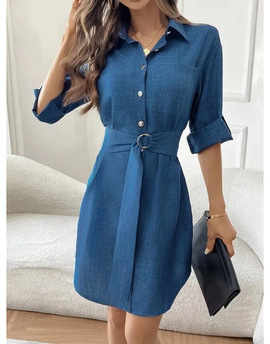 Kadın Uzun Kollu Yakalı önden Düğmeli Beli Kuşaklı Mini Ithal Keten Elbise