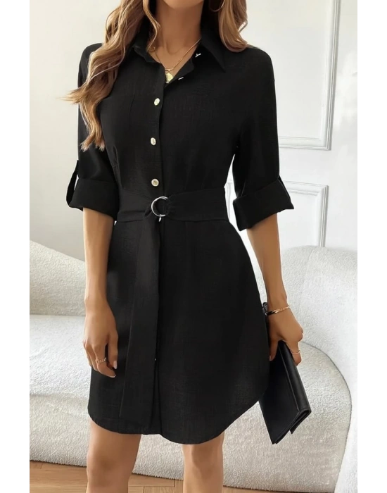 Kadın Uzun Kollu Yakalı önden Düğmeli Beli Kuşaklı Mini Ithal Keten Elbise