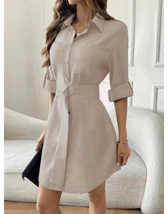 Kadın Uzun Kollu Yakalı önden Düğmeli Beli Kuşaklı Mini Ithal Keten Elbise