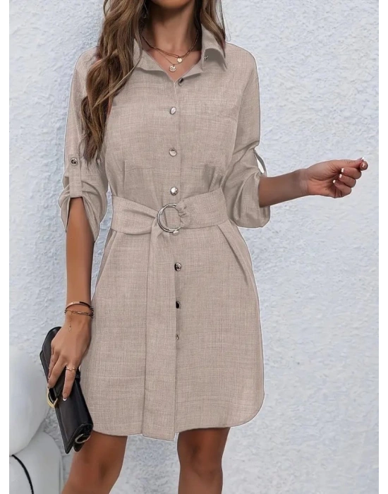 Kadın Uzun Kollu Yakalı önden Düğmeli Beli Kuşaklı Mini Ithal Keten Elbise