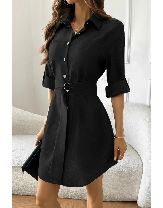 Kadın Uzun Kollu Yakalı önden Düğmeli Beli Kuşaklı Mini Ithal Keten Elbise