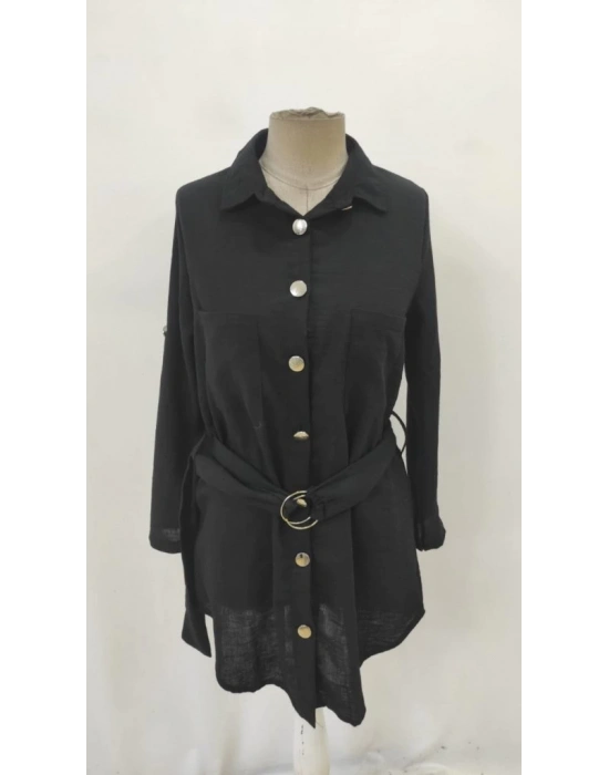 Kadın Uzun Kollu Yakalı önden Düğmeli Beli Kuşaklı Mini Ithal Keten Elbise