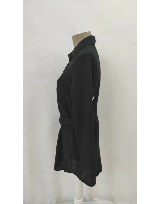 Kadın Uzun Kollu Yakalı önden Düğmeli Beli Kuşaklı Mini Ithal Keten Elbise