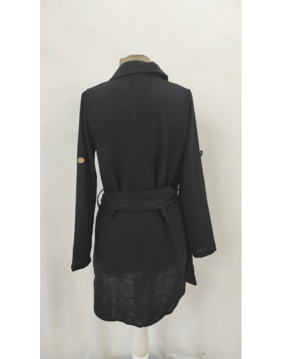 Kadın Uzun Kollu Yakalı önden Düğmeli Beli Kuşaklı Mini Ithal Keten Elbise