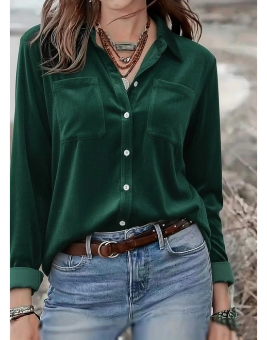 Kadın Uzun Kollu Yakalı önden Düğmeli Cep Detaylı Kadife Gömlek