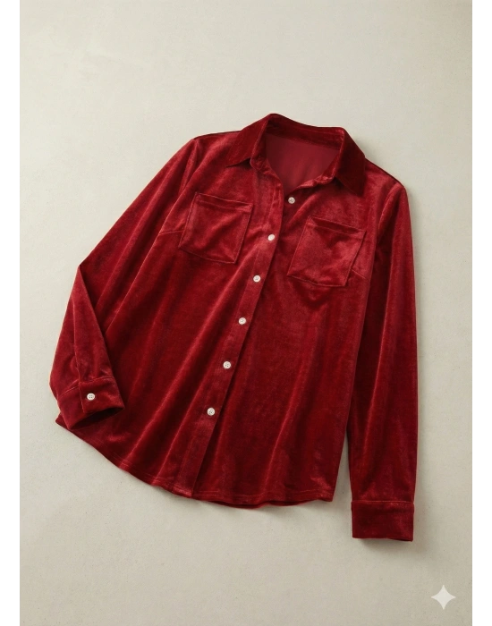 Kadın Uzun Kollu Yakalı önden Düğmeli Cep Detaylı Kadife Gömlek