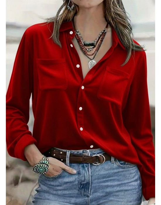 Kadın Uzun Kollu Yakalı önden Düğmeli Cep Detaylı Kadife Gömlek