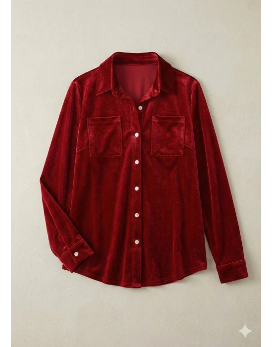 Kadın Uzun Kollu Yakalı önden Düğmeli Cep Detaylı Kadife Gömlek
