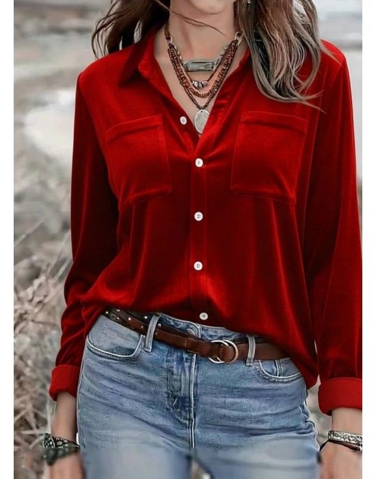Kadın Uzun Kollu Yakalı önden Düğmeli Cep Detaylı Kadife Gömlek