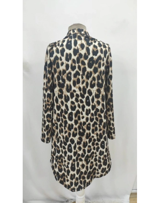 Kadın Uzun Kollu Yakalı önden Düğmeli Leopar Desenli Modal Midi Elbise