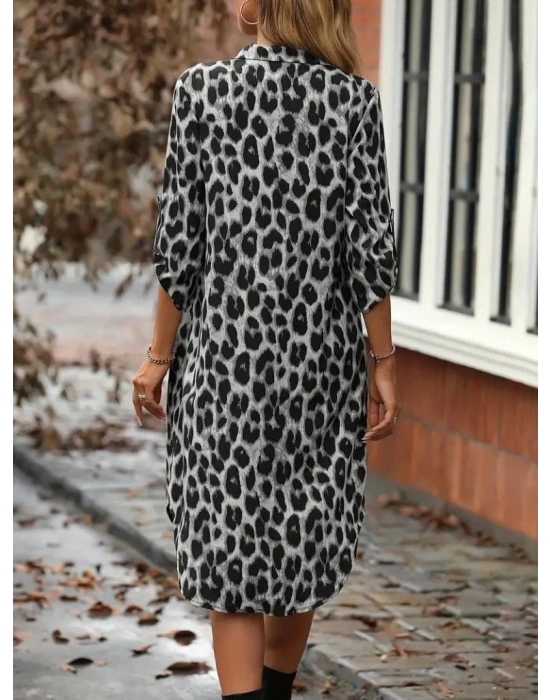 Kadın Uzun Kollu Yakalı önden Düğmeli Leopar Desenli Modal Midi Elbise