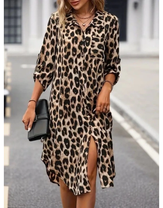 Kadın Uzun Kollu Yakalı önden Düğmeli Leopar Desenli Modal Midi Elbise