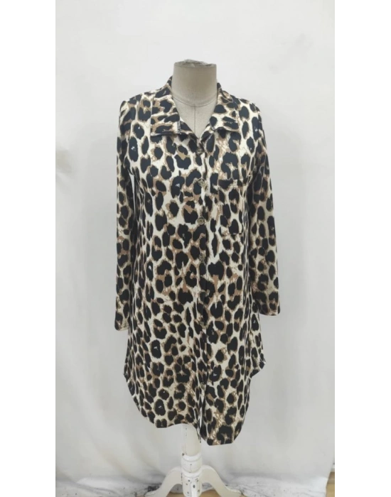 Kadın Uzun Kollu Yakalı önden Düğmeli Leopar Desenli Modal Midi Elbise