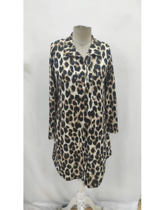 Kadın Uzun Kollu Yakalı önden Düğmeli Leopar Desenli Modal Midi Elbise