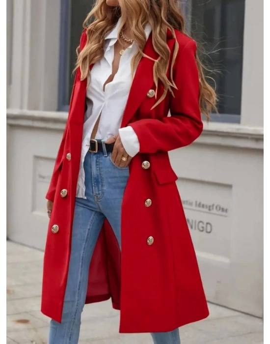 Kadın Uzun Kollu Yakalı önden Düğmeli Midi Kaşe Kaban