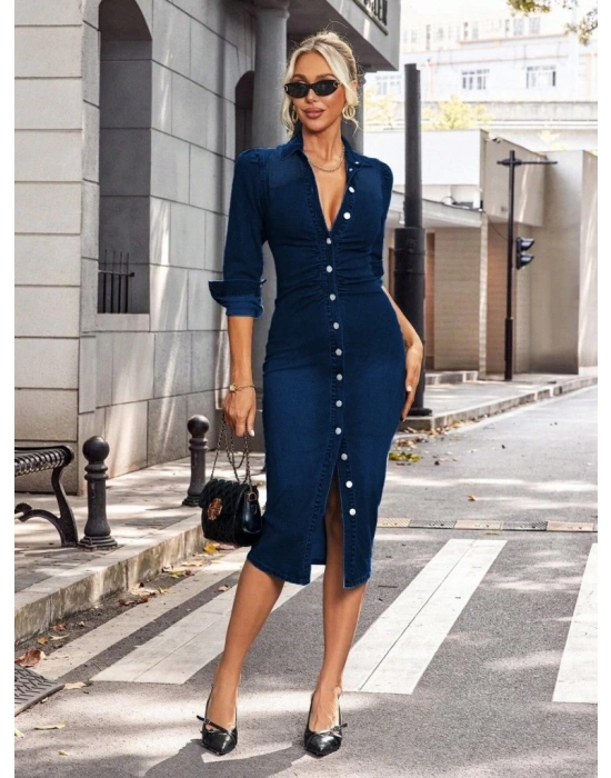 Kadın Uzun Kollu Yakalı önden Düğmeli Midi Kot Elbise