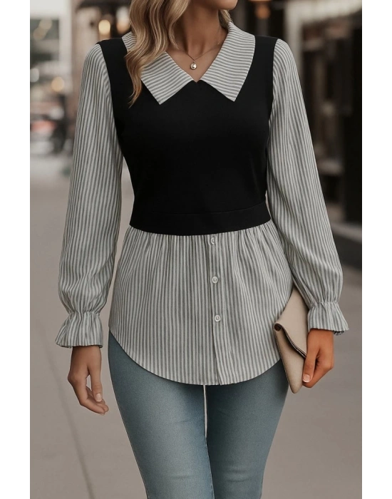 Kadın Uzun Kollu Yakalı önden Düğmeli Ottoman Bluz