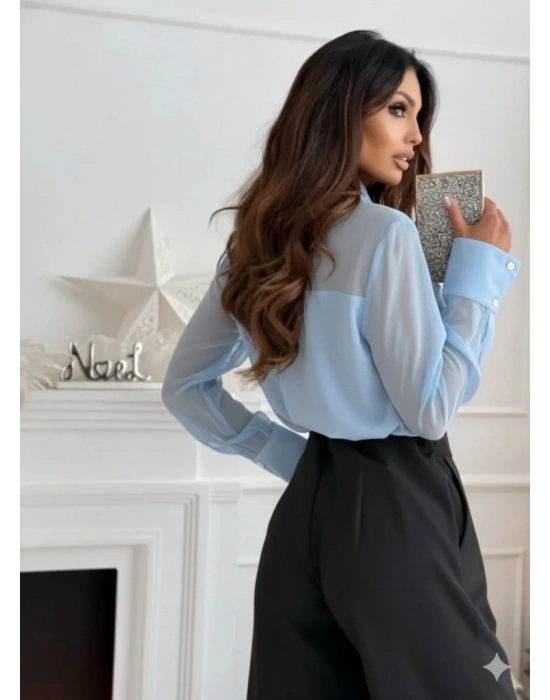 Kadın Uzun Kollu Yakalı önden Düğmeli Tül Detaylı Dokuma Viskon Bluz