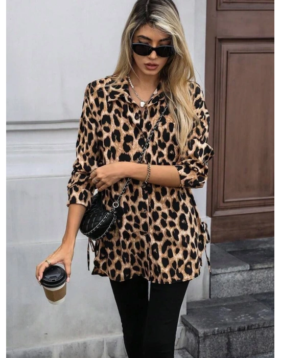 Kadın Uzun Kollu Yakalı önden Düğmeli Yandan Bağcıklı Leopar Desenli Modal Bluz