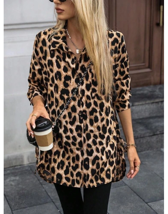 Kadın Uzun Kollu Yakalı önden Düğmeli Yandan Bağcıklı Leopar Desenli Modal Bluz
