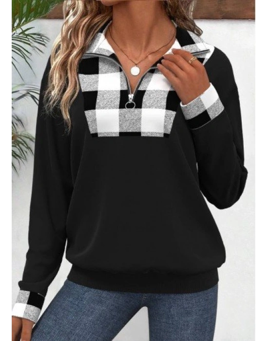 Kadın Uzun Kollu Yakalı önden Fermuarlı Ekose Detaylı Viskon Iki Iplik Bluz