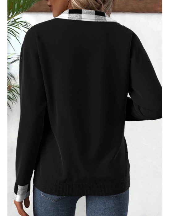 Kadın Uzun Kollu Yakalı önden Fermuarlı Ekose Detaylı Viskon Iki Iplik Bluz