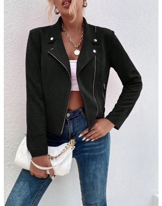 Kadın Uzun Kollu Yakalı önden Fermuarlı Kısa Süet Ceket