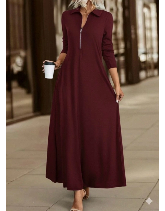 Kadın Uzun Kollu Yakalı önden Fermuarlı Uzun Viskon Iki Iplik Elbise