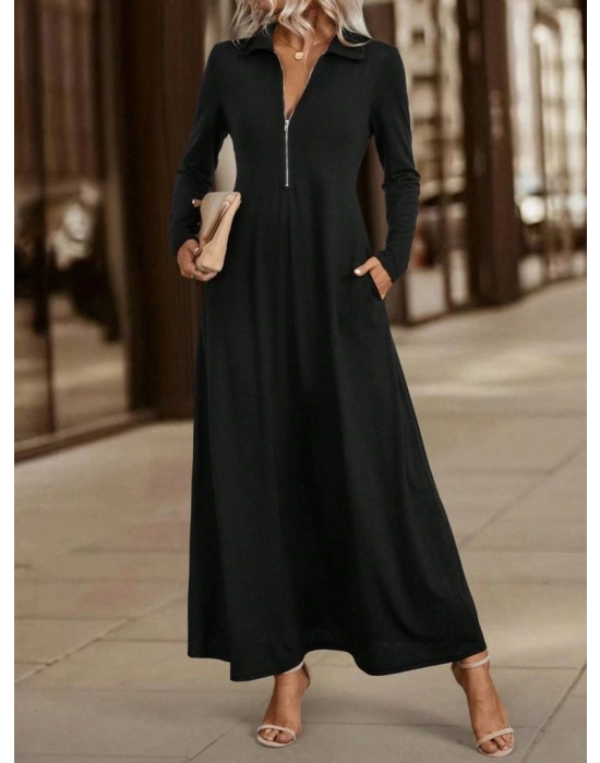 Kadın Uzun Kollu Yakalı önden Fermuarlı Uzun Viskon Iki Iplik Elbise